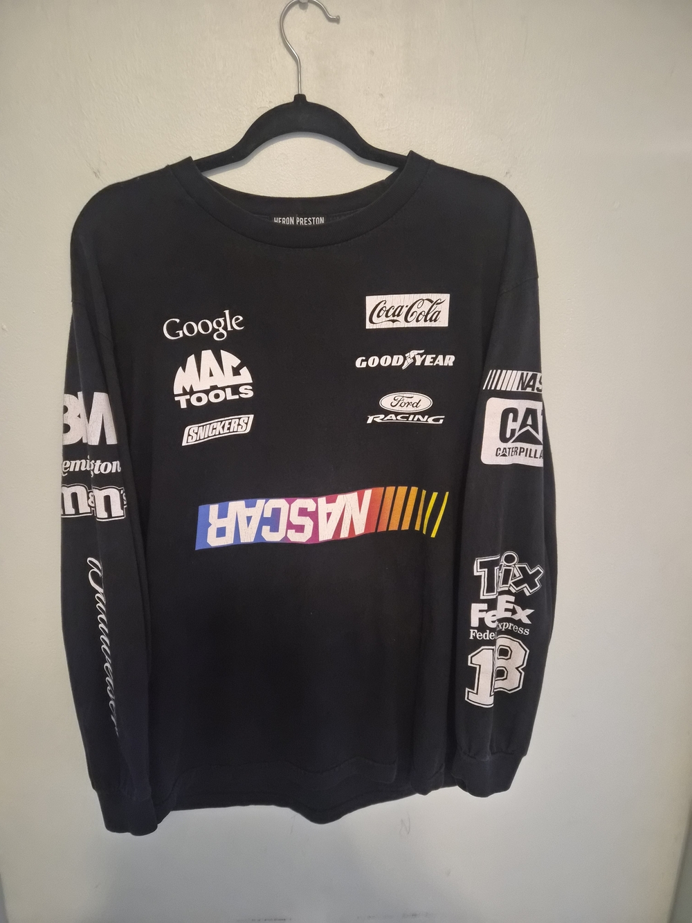 Heron Preston Black Long Sleeve NASCAR Logo Tee with Multicolor Graphic